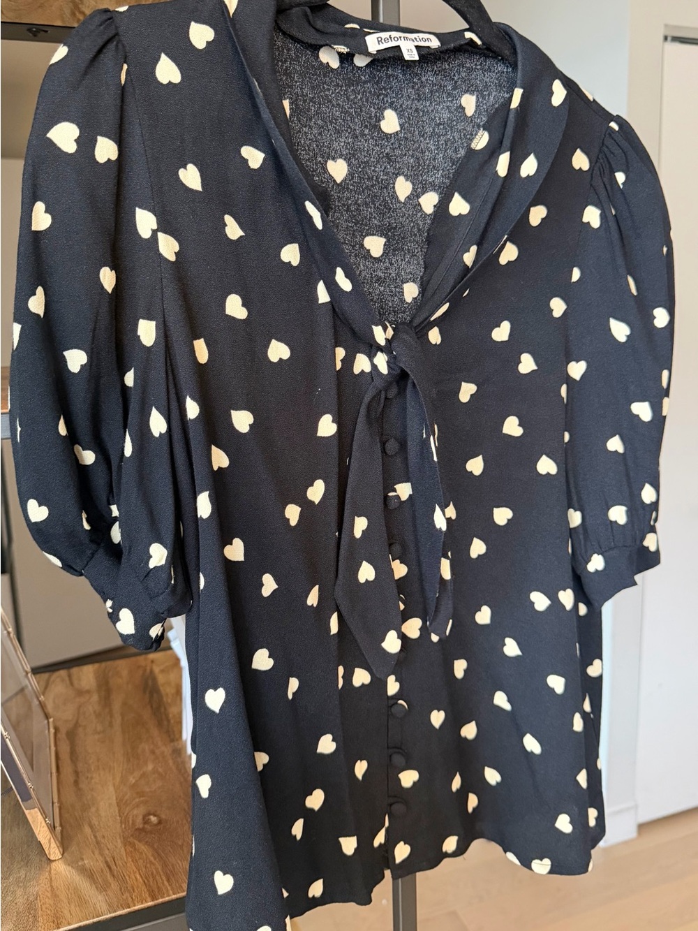Reformation Black Heart-Print Tie-Neck Blouse